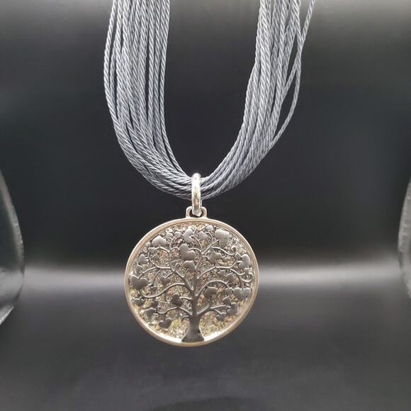 Tree of Life Pendant Necklace Silver Tone Multi-Strand Cord Adjustable Choker - Picture 7 of 9